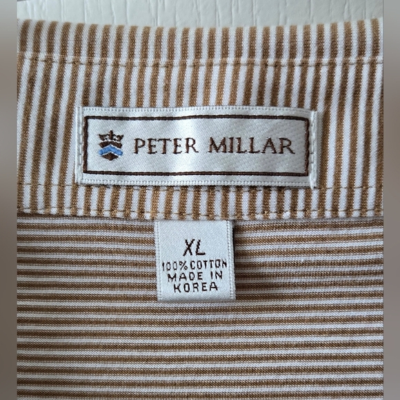 Peter Millar Striped Tan Golf Polo Shirt Men XL Interlachen FL Country Club Logo - Picture 4 of 4